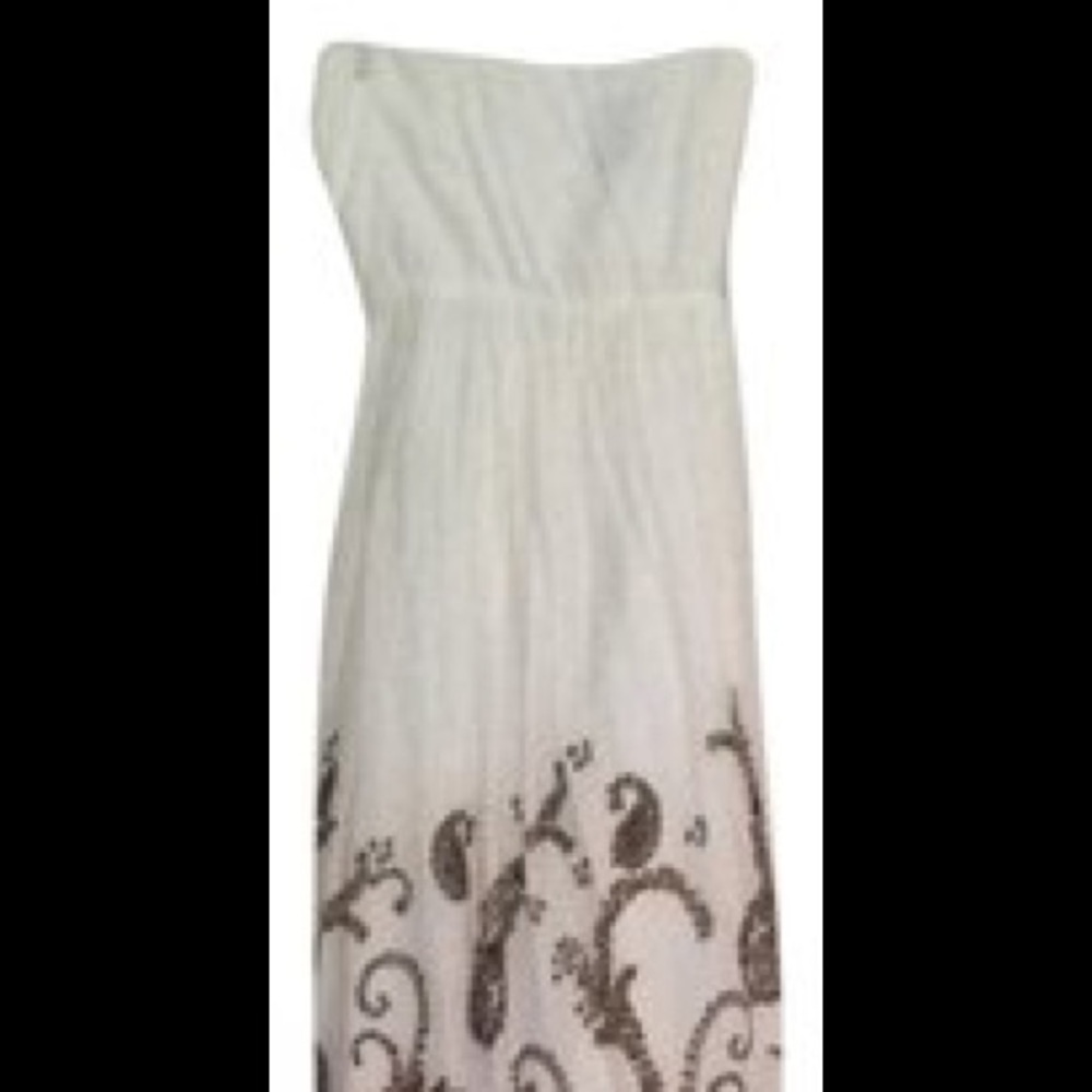 Anthropologie Strapless White Maxi Dress with Brown Scroll Embroidery